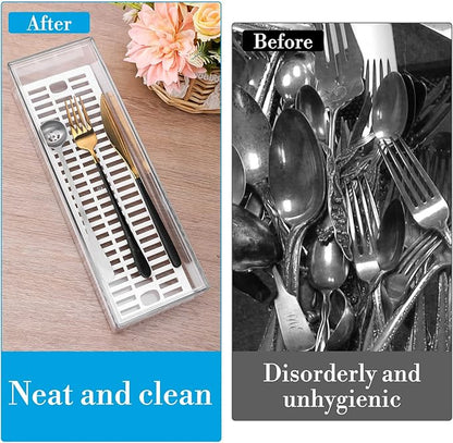 2 Pcs Clear Silverware organizer with lid, Plastic Flatware Storage Box, Kitchen Drawer Organizer tray, Cutlery Utensil Holder for Flatware and Silverware