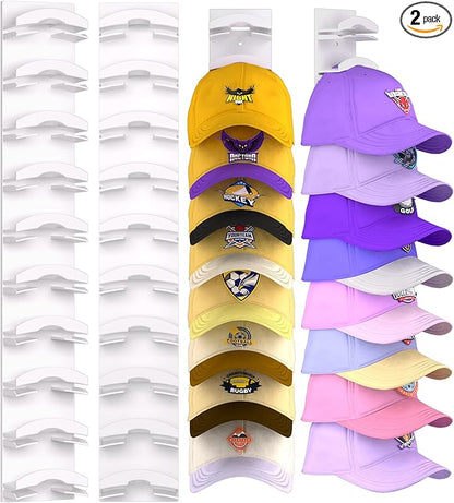 Hat Organizer for Baseball Caps 2 Pack, Hat Rack for Wall Hold up to 20 Hats with Strong Adhensive, Hats Holder Hanger Space Saving for Displlay, Cap Organizer Storage Multilayer(White)