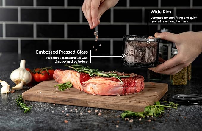KooK Glass Salt Cellar, with Lid, Embossed Pressed Glass, Clear Storage Container, for Coffee, Sugar, Spices and Candies, 10 oz (Black)