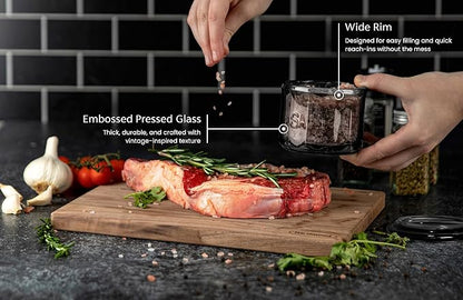 KooK Glass Salt Cellar, with Lid, Embossed Pressed Glass, Clear Storage Container, for Coffee, Sugar, Spices and Candies, 10 oz (Black)