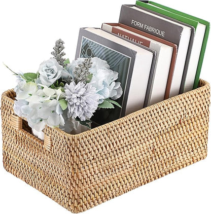 Hipiwe Handwoven Rattan Basket Wicker Storage Basket Box with Build-in Handles Natural Open Storage Bin for Shelf Bathroom Living Room Kitchen, 13" x 8.7" x 5.9"