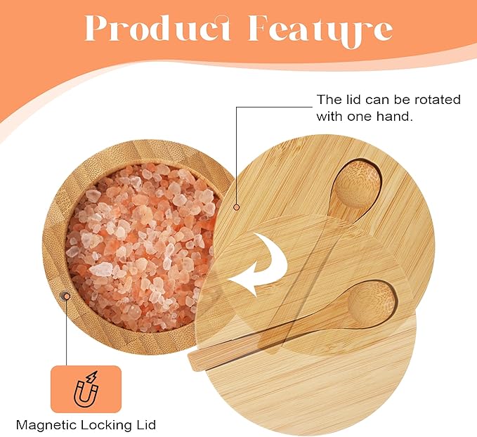 Bamboo Salt Cellar with Lid And Spoon, Grey Salt Box - Easy to Distinguish Spice In The Bowl, Salt Container With Magnetic Swivel Lid For Herbs Or Seasonings