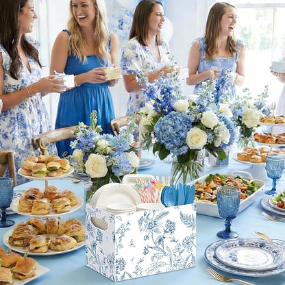 Sliner 2 Pcs Blue and White Floral Utensil Holder Paper Utensil Caddy for Wedding Bridal Shower Party Supplies Cutlery Holder with Handles Disposable Flower Butterfly Cutlery Organizer Snack Box Favor