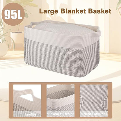 OIAHOMY Extra Large Blanket Basket, 95L Cotton Rope Woven Laundry Basket, Toy Bin for Baby Room, Container for Blanket Storage in Living Room, 24''×17''×14'', Black & White