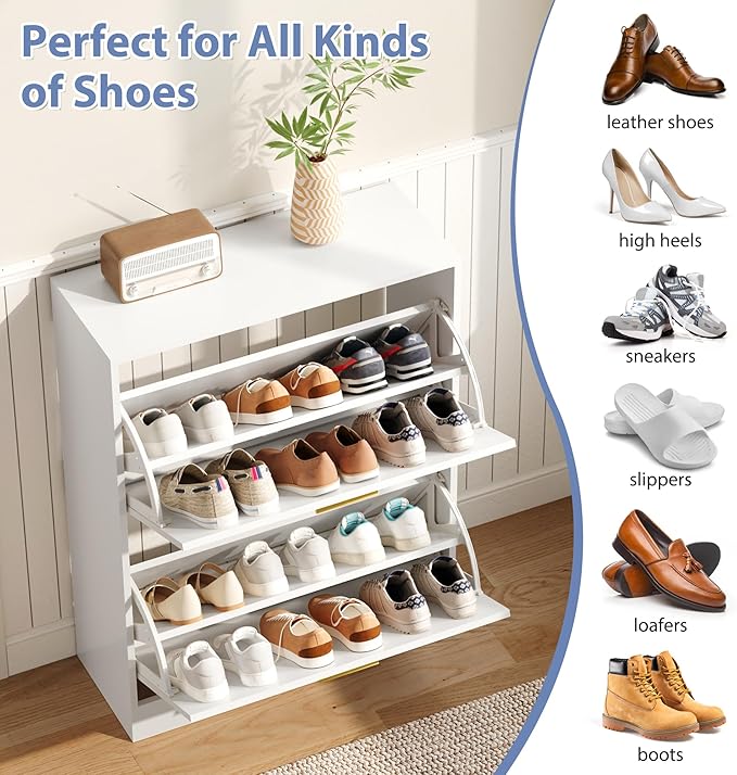 Shoe Cabinet with 2 Flip Drawers, White Shoe Cabinet Storage for Entryway, Modern Shoe Organizer Wood, Freestanding Small Thin Shoe Racks with Doors, White