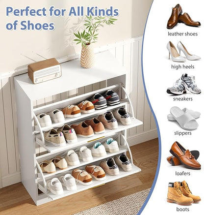 Shoe Cabinet with 2 Flip Drawers, White Shoe Cabinet Storage for Entryway, Modern Shoe Organizer Wood, Freestanding Small Thin Shoe Racks with Doors, White