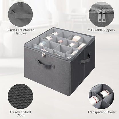 Fabric Shoe Organizer for Closet, Foldable Shoe Storage Bins with Clear Cover, Shoe Container with Adjustable Dividers, Fits up to 16 Pairs, Gray