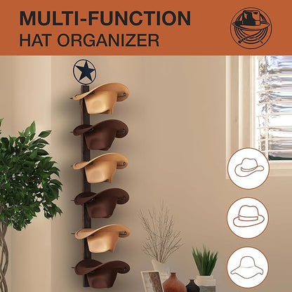 P-ALADIN Cowboy Hat Holder, Cowboy Hat Rack for Wall, 6-Piece Wall-Mount Western Hat Organizer with Wooden Board – Storage Hat Holder Organizer