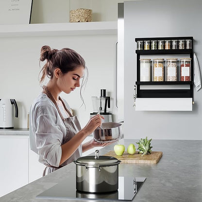 Magnetic Spice Rack Organizer Single Tier Refrigerator Spice Storage Shelf, Easy to Install The Side of The Refrigerator Can Hold spices, Jar of Olive Oil (Black L)
