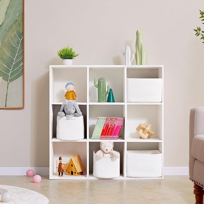 Set of 4 White Rope Basket for Shelves Woven Rectangle Storage Basket Bins for Nursery Toy Storage for Baby Girl 12.7" L x 9" W x 7.8" H