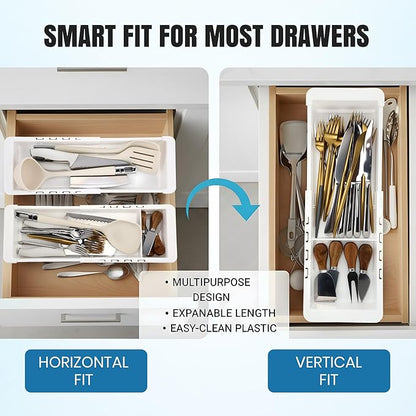 Enhon Expandable Sliding Drawer Organizer for Kitchen Drawers, Deep Drawer Organizer Tray with Adjustable Dividers, Sliding Kitchen Drawers Tray for Utensils, Silverware & Accessories, 11.4”–18”,White