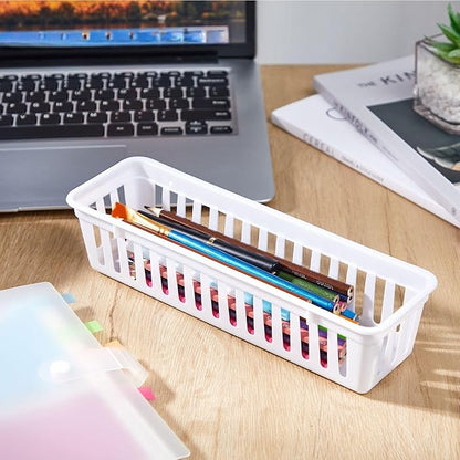 Domensi 24 Pack Slim Plastic Storage Baskets Tray for Organizing 10.25x3.25x2.5 Inch Small Narrow Storage Bins Stackable Drawer Pencil Trays Holder for Desk Garage Cabinet Container (White)