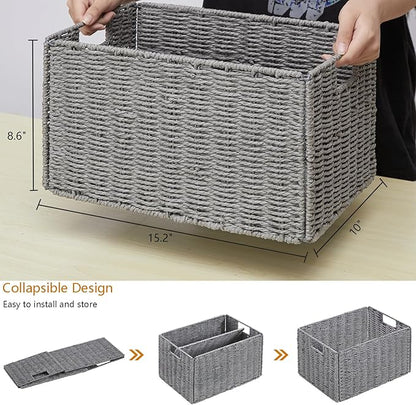 Vagusicc Wicker Storage Basket, Set of 2 Hand-Woven Paper Rope Wicker Basket, Small Storage Baskets for Organizing Toilet Paper Basket, Foldable Large Cube Storage Organizer Bins for Shelves (Grey)