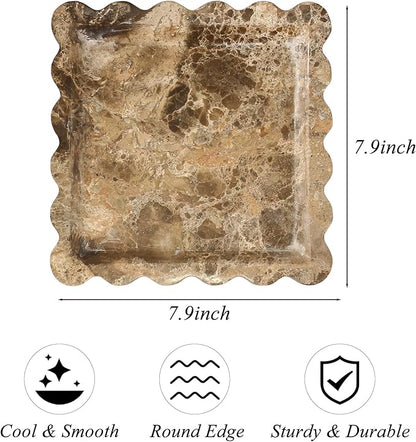 Square Marble Vanity Tray with Scalloped Edge - Natural Marble Perfume Tray Decor for Dresser, Vanity, Kitchen, Home Decor, Decorative Square Stone Tray - Brown 8 * 8 inch