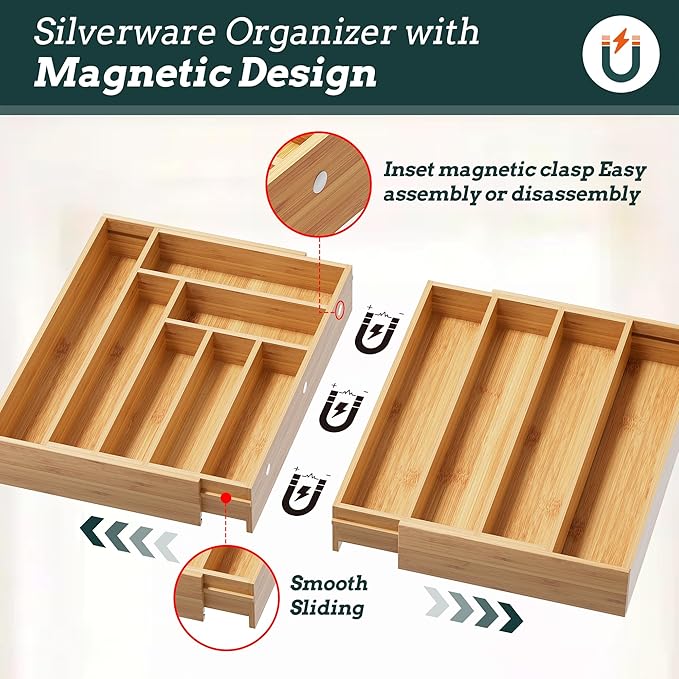 Silverware Organizer Large, Magnetic Connected Expandable 11 Slots Silverware Drawer Organizer From 21 to 37.4 Inches, Adjustable Flatware and Cutlery Holder, Bamboo Utensil Tray for Kitchen Natural