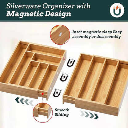 Silverware Organizer Large, Magnetic Connected Expandable 11 Slots Silverware Drawer Organizer From 21 to 37.4 Inches, Adjustable Flatware and Cutlery Holder, Bamboo Utensil Tray for Kitchen Natural