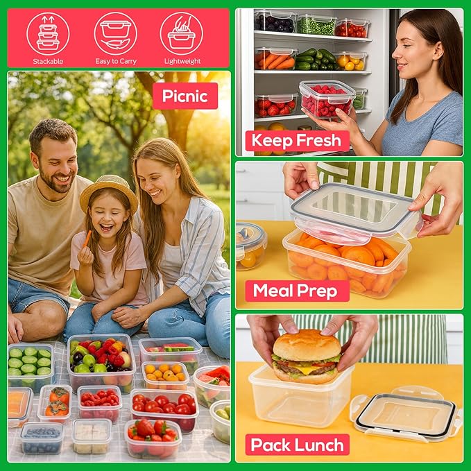 62PCS Thicker Food Storage Containers with Lids Airtight Leakproof, BPA Free Plastic Kitchen Food Storage Containers, Stackable Reusable Meal Prep Food Containers with Lids, Freezer Microwave Safe