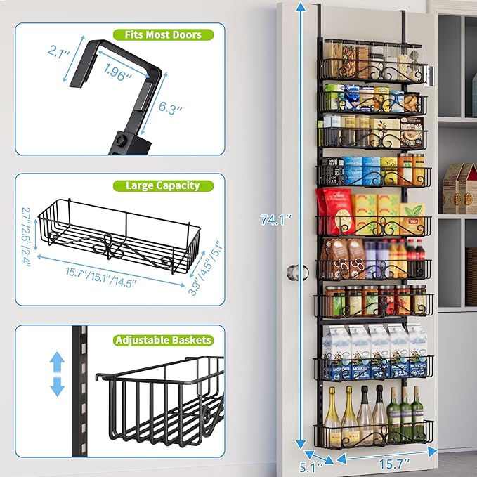 Over the Door Pantry Organizer, 9-Tier Over the Door Pantry Organizer Rack and Storage, Metal Hanging Spice Rack Shelves Door for Home Office Laundry Room Bathroom & Kitchen Organization Black