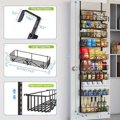 Over the Door Pantry Organizer, 9-Tier Over the Door Pantry Organizer Rack and Storage, Metal Hanging Spice Rack Shelves Door for Home Office Laundry Room Bathroom & Kitchen Organization Black
