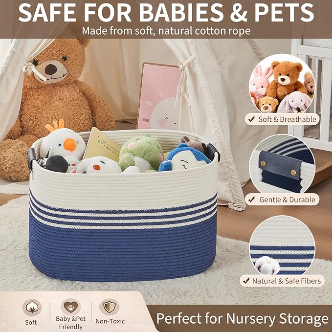 AINUOQI Laundry Basket with Handles - Blanket Basket & Hampers for Bedroom Aesthetic, Laundry Hamper & Blanket Storage for Living Room, Clothes Hamper, Tall, Large 21.7" x 16.9" x 11.8”, Blue