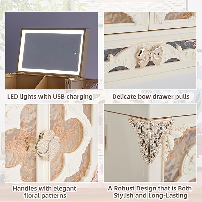Vintage LED Makeup Organizer with Mirror, Large Cosmetic Storage Box with Drawers & Side Compartments, Dustproof Skincare Organizer for Vanity, Elegant Gift for Women (White)