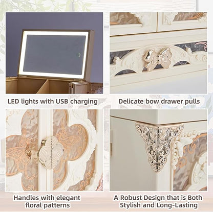 Vintage LED Makeup Organizer with Mirror, Large Cosmetic Storage Box with Drawers & Side Compartments, Dustproof Skincare Organizer for Vanity, Elegant Gift for Women (White)