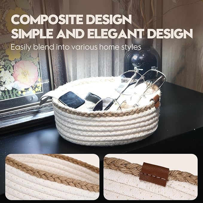 Sea Team 3-Pack Small Cotton Rope Storage Basket Set - Portable Round Organizers with Jute Braid for Small Items, Keys, Makeup & Trinkets