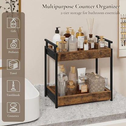 Bathroom Countertop Organizer, 2 Tier Counter Organizers and Storage for Bathroom Sink Dresser, Wooden Standing Vanity Shelf Tray for Makeup Perfume Skincare, Rustic Brown