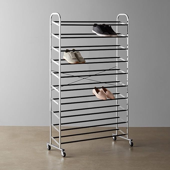 Amazon Basics 50-Pair Shoe Rack Organizer, Portable Rolling with Locking Wheels, Free Standing, 35.8 x 14.6 x 59.5 inches, Chrome
