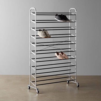 Amazon Basics 50-Pair Shoe Rack Organizer, Portable Rolling with Locking Wheels, Free Standing, 35.8 x 14.6 x 59.5 inches, Chrome