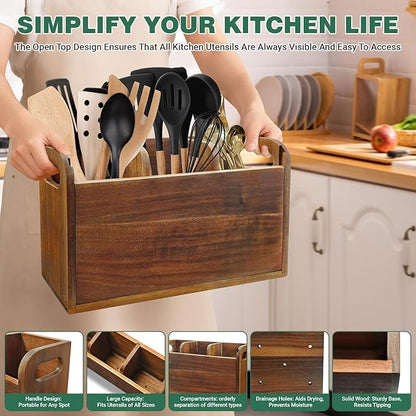 Kitchen Utensil Holder for Countertop with 3 Compartments，Acacia Wood Utensil Holder Cooking Spatula Organizer Large Cutlery Organizer for Kitchen Countertop Farmhouse Kitchen Decor
