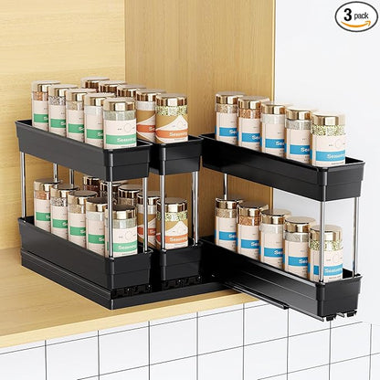 Mystozer Pull Out Spice Rack Organizer for Cabinet, Slide Out Spice Racks Organizer, Easy to Install Spice Cabinet Organizers, 2.3''Wx10.66''Dx8.11''H, 3 Packs - 2 Tiers (Black)