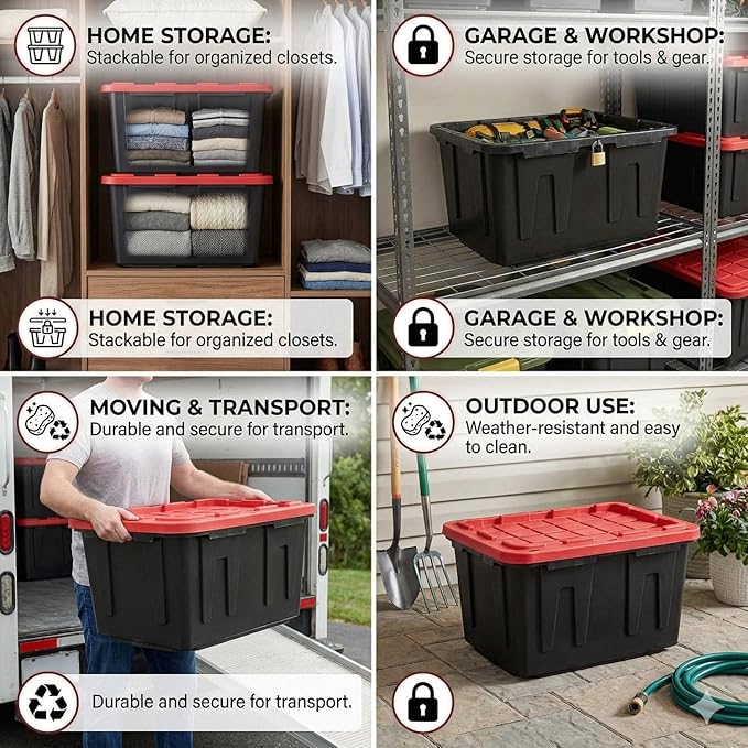 27 Gal Industrial Tote,2 Pack Large Storage Bin,Black with Red Lid Plastic Storage Container Stackable & Nestable Heavy Duty Storage Totes, Suitable for Garages, Basements or Outdoors (2 Pack)