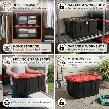 27 Gal Industrial Tote,2 Pack Large Storage Bin,Black with Red Lid Plastic Storage Container Stackable & Nestable Heavy Duty Storage Totes, Suitable for Garages, Basements or Outdoors (2 Pack)