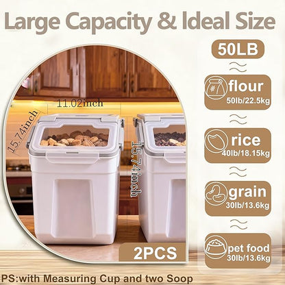 RUIAN 2Pcs Large Flour Storage Container Bin 50Lb Airtight Rice Storage Containers with Wheels Seal Locking Lid, BPA Free with Measuring Cup&Scoop for Flour, Rice, Grain 100LBS Total (Grey)