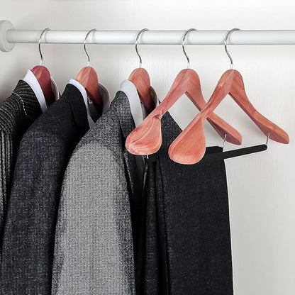 TOPIA HANGER Unfinished American Red Cedar Wood Coat Suit Hangers, Luxury Wooden Jacket Clothes Hangers, Wide Shoulder with Black Padded Pant Bar- 360°Flexible Hook, 6 Pack- Natural- CT07W-6