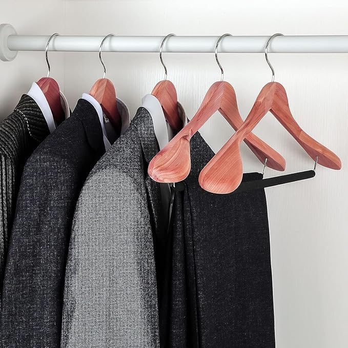 TOPIA HANGER American Red Cedar Wide Shoulder Wooden Hangers 8 Pack, Luxury Wood Suit Coat Hangers with Black Padded Pant Bar-360° Swivel Chrome Hook, Natural- CT07W-8