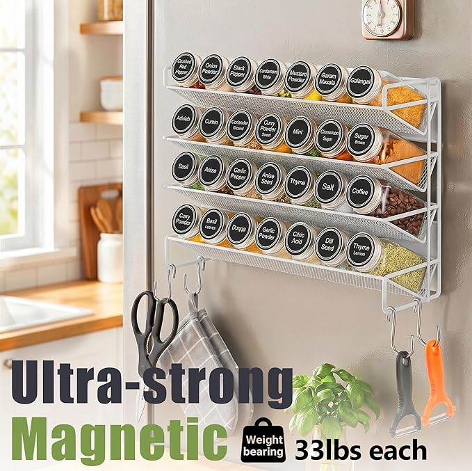 UVIAHOMI Magnetic Spice Rack Organizer for Refrigerator with 28 Spice Jars, 386 Spice Labels, 4 Hook, Chalk Marker and Funnel Set, Magnetic Shelf for Seasoning Organizer, 13.2'' W x 9.8 H, White