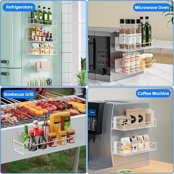 Magnetic Spice Rack for Refrigerator, 5 Pack Magnetic Fridge Organizer Shelves, Strong Magnetic Hold, No Drilling, Space Saving Storage Rack for Kitchen & Washing Machine Organizer (White)