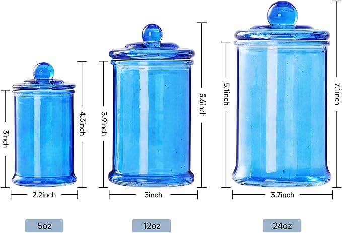 KMwares 3PCs Set Small Glass Premium Quality Apothecary Jars with lids Bathroom Accessories Set for Laundry Room Storage Kitchen/Vanity Organizer Canisters for Cotton Balls, Sponges,Q-Tips(Blue jar)