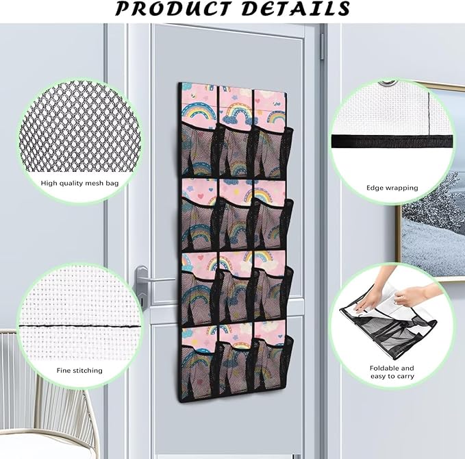 Rainbow Over the Door Shoe Organizer 12 Large Mesh Pockets Hanging Shoe Rack for Closet Foldable Door Shoe Organizer Shoe Hanger