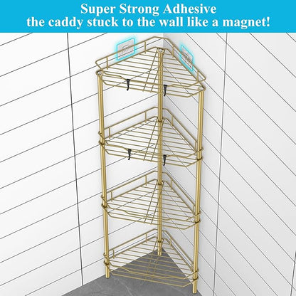 HuggieGems 4 Tier Floor Standing Corner Shower Caddy Organizer Shelf with Hooks, Bathroom Shelves Stand Rack, Gold
