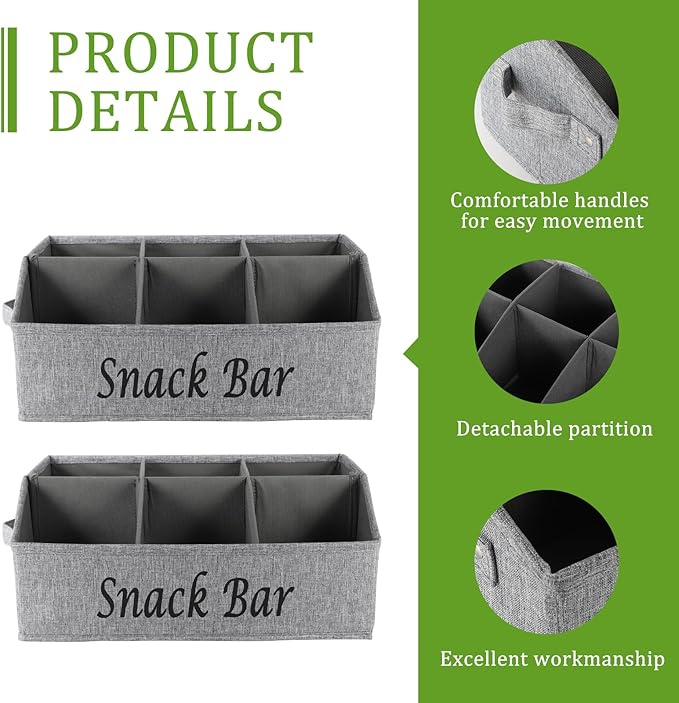 Snack Organizer for Countertop, 6 Compartment Snack Bin with Side Handles, 2 Pack Fabric Snack Basket Container, Lightweight Snack Bar Station Organizer, Kitchen Pantry Storage - Gray