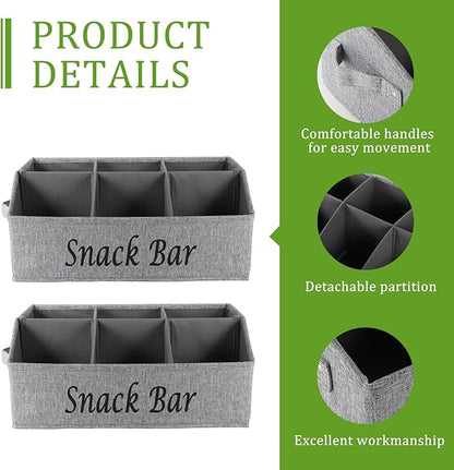 Snack Organizer for Countertop, 6 Compartment Snack Bin with Side Handles, 2 Pack Fabric Snack Basket Container, Lightweight Snack Bar Station Organizer, Kitchen Pantry Storage - Gray