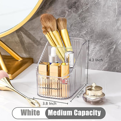 Makeup Organizer Cosmetics Storage Box, Large Capacity Make Up Brush Holder Organizer Vanity Accessories, Bathroom Countertops, Desk Storage Container, Cosmetic Display cases(White-S)