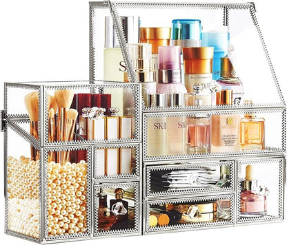 Tempered Glass Makeup Organizer with Heart Shaped Metal Frame, Large Cosmetic Storage Drawer Cabinet, Dustproof Vanity Display Case for Lipstick Makeup Brush Skincare Bathroom Bedroom