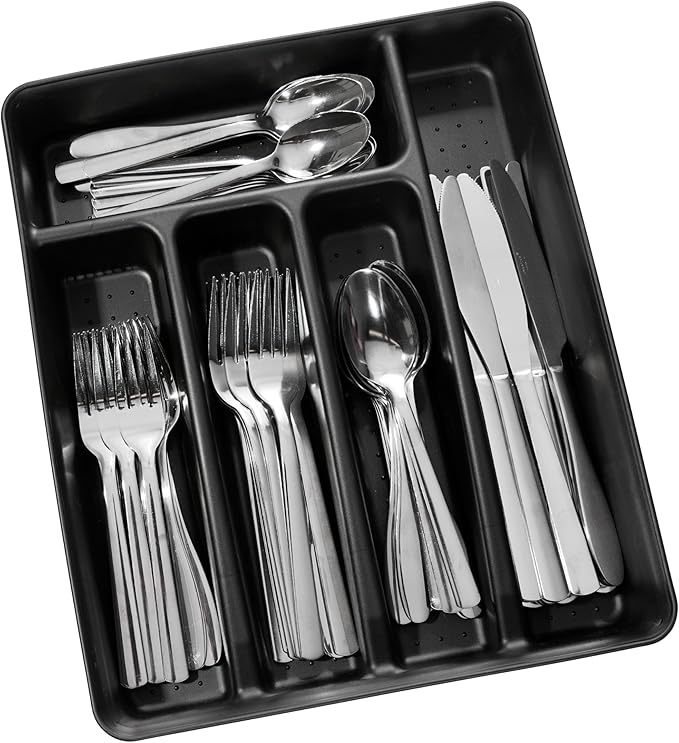 madesmart Silverware Tray, 5 Compartment Flatware Organizer for Forks, Knives & Spoons, Durable Drawer Organizer, Carbon