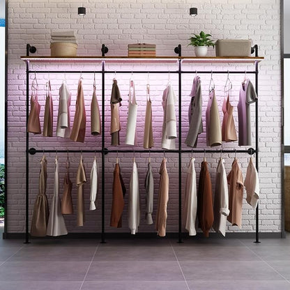 Industrial Pipe Clothes Racks with LED Lights& Shelves, 118" Wall Mounted Clothing Rack for Hanging Clothes, Heavy Duty Industrial Pipe Shelving for Walk-in Closet, Black