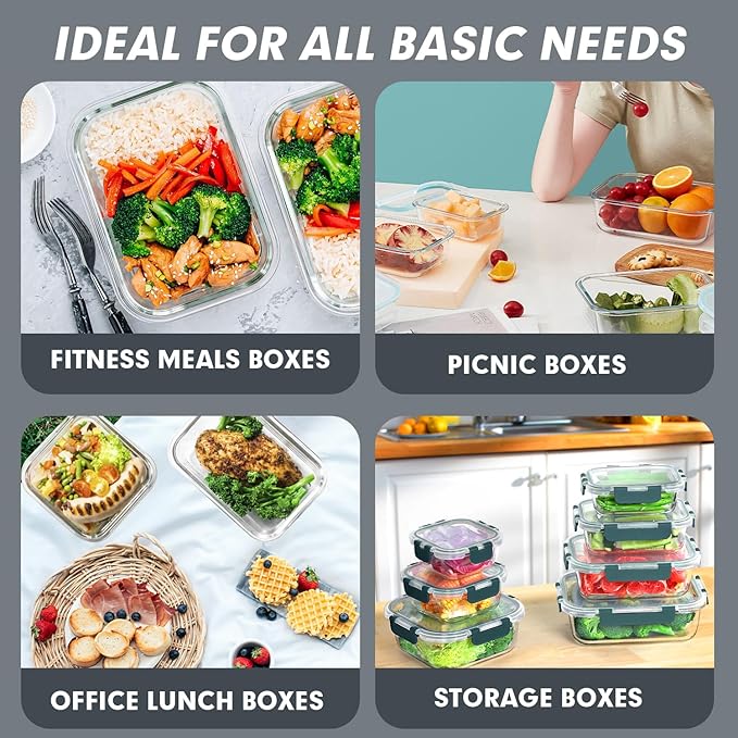 VERONES 30 Pieces Glass Meal Prep Containers Set, Stackable Glass Food Storage Containers with Lids-Airtight Lunch Containers，for Microwave, Oven, Freezer & Dishwasher,Grey