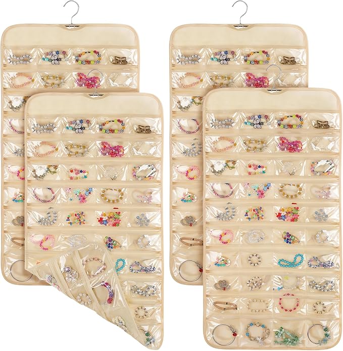 4 Pcs Hanging Jewelry Organizer with 80 Pockets, Dual-Sided Jewelry Holder Hanging Storage Organizer Hanger Closet for Bracelet Necklace Ring Earring Accessories, Beige